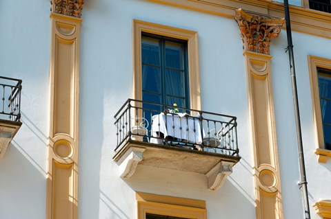 Framed Table for two on balcony of room at Villa D&#39;Este hotel, Cernobbio, Como, Lombardy, Italy Print