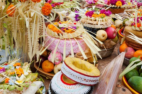 Framed Many of the offerings on cart in front of a temple in Tampaksiring, Bali, Indonesia Print
