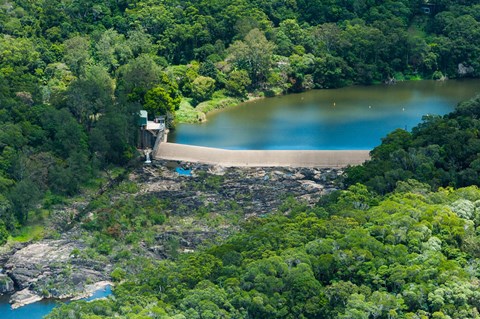 Framed Aerial view of a dam on Barron River, Kuranda, Cairns, Queensland, Australia Print