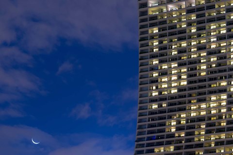 Framed Low angle view of a shopping centre with crescent moon at dusk, Marina Bay Sands, Singapore Print