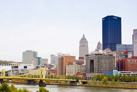 Framed Skyscrapers in a city, Tenth Street Bridge Pittsburgh, Pennsylvania, USA Print