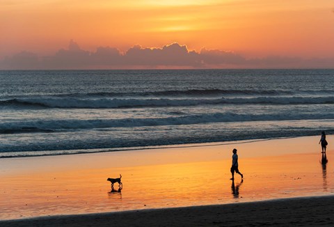 Framed Silhouette of people and dog walking on the beach, Seminyak, Kuta, Bali, Indonesia Print