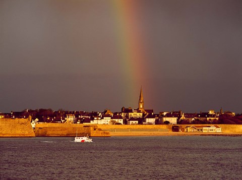 Framed Fishing boat in front of citadel, Vauban Citadel, Port-Louis, Morbihan, Brittany, France Print