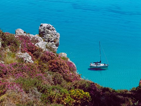Framed Boat moored at Saint-Hernot, Crozon Peninsula, Baie De Douarnenez, Finistere, Brittany, France Print
