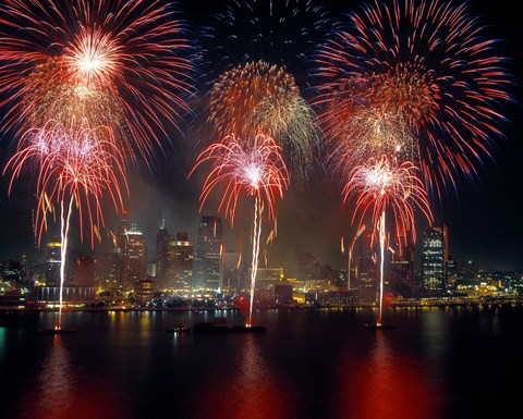 Framed Fireworks display at night on Freedom Festival at Detroit (in Michigan, USA) viewed from Windsor, Ontario, Canada 2013 Print