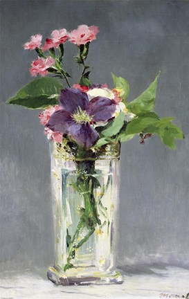 Framed Pinks and Clematis in a Crystal Vase, c.1882 Print