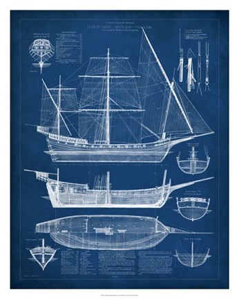 Framed Antique Ship Blueprint I Print