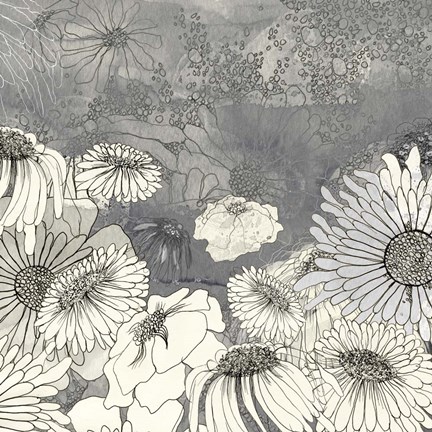 Framed Flowers on Grey I Print