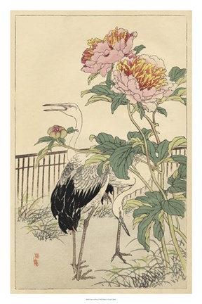 Framed Crane and Peony Print