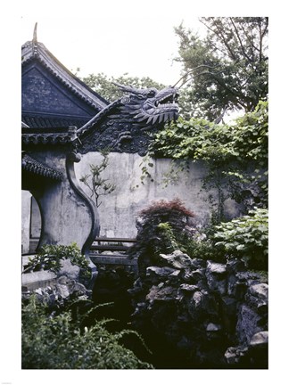 Framed Garden with Dragon on Temple Wall Shanghai, China Print
