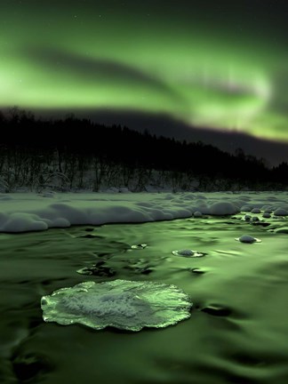Framed Aurora Borealis reflects off the Tennevik River, Troms County, Norway Print