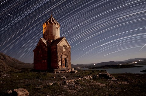 Framed Star trails above Dzordza church, Iran Print