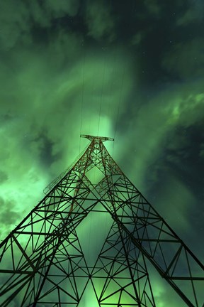 Framed Powerlines and aurora borealis, Tjeldsundet, Norway Print