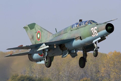 Framed Bulgarian Air Force MiG-21UM jet fighter taking off Print