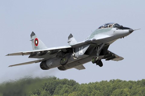 Framed Bulgarian Air Force MiG-29UB taking off from Graf Ignatievo Air Base Print