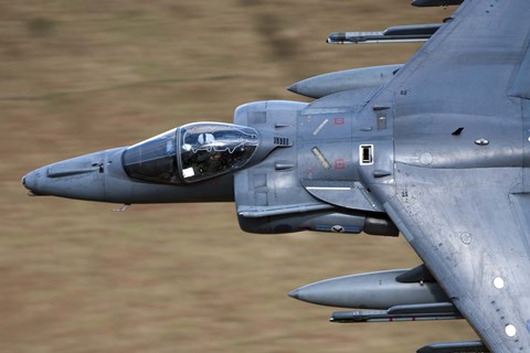 Framed Front section of a Royal Air Force Harrier GR9 flying low over North Wales Print