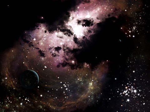 Framed cluster of bright young stars tear away clouds of gas and dust Print