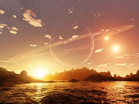 Framed scene on a distant moon orbiting a gas giant in a trinary star system Print