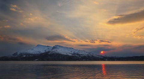 Framed Midnight Sun over Tjeldsundet strait in Troms County, Norway Print