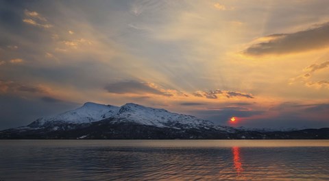 Framed Midnight Sun over Tjeldsundet strait in Troms County, Norway Print