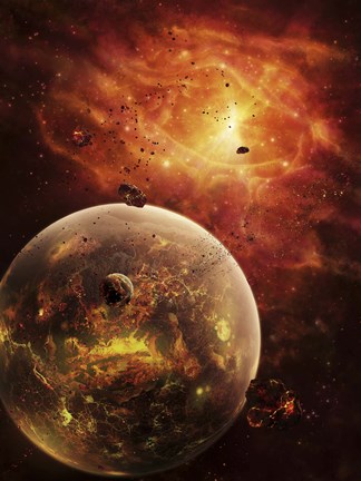 Framed eye-shaped nebula and ring of glowing debris around a planetary system Print