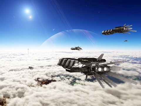 Framed Five medium freighters deccelerate near their destination Print