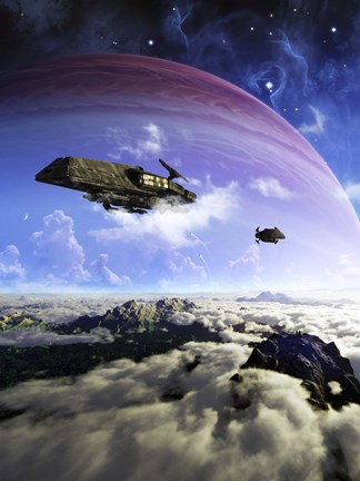 Framed Two spacecraft prepare to depart with crewmembers left behind Print