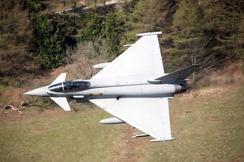 Framed Eurofighter Typhoon F2 aircraft of the Royal Air Force low flying over North Wales Print