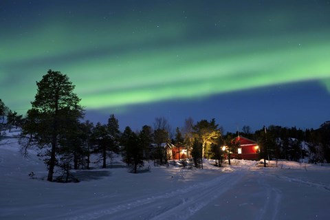Framed Aurora Borealis over farm houses, Tennevik Lake, Troms, Norway Print