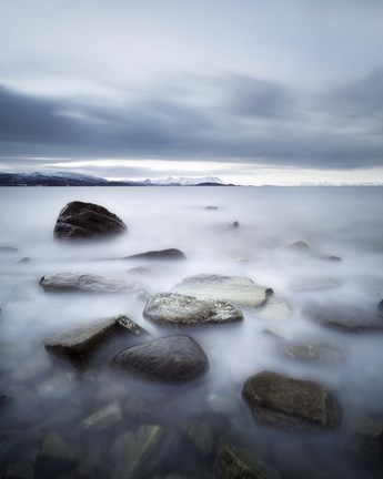 Framed Long exposure scene of rocks in Vaagsfjorden fjord, Norway Print