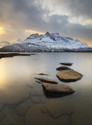 Framed Novatinden Mountain and Skoddeberg Lake in Troms County, Norway Print