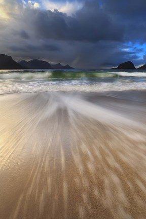 Framed Waves washing back to sea on Haukland Beach, Lofoten, Norway Print