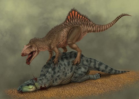 Framed Concavenator kills a young iguanodon dinosaur Print