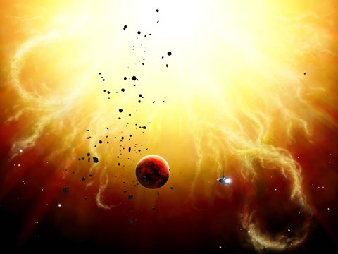 Framed Artist's concept of a manned expedition to the inner planets of a raging star Print