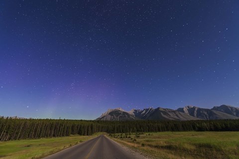 Framed Northern autumn constellations rising over a road in Banff National Park, Canada Print