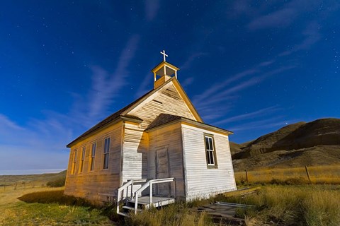 Framed old pioneer church in Dorothy, Alberta, Canada, on a starry night Print