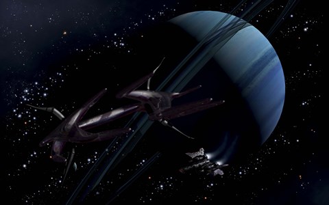 Framed chartered private corvette being intercepted by a strange alien craft Print