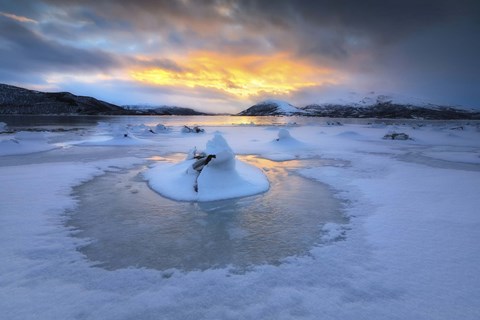Framed frozen fjord that is part of Tjeldsundet in Troms County, Norway Print