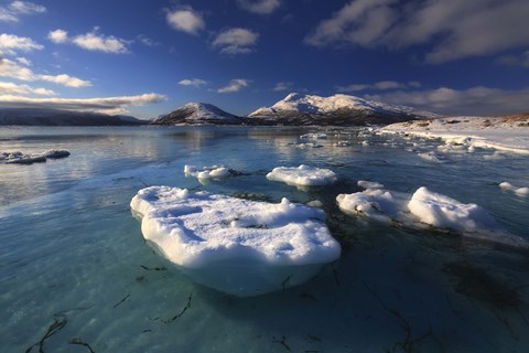 Framed winter view looking out in Tjeldsundet strait, Norway Print