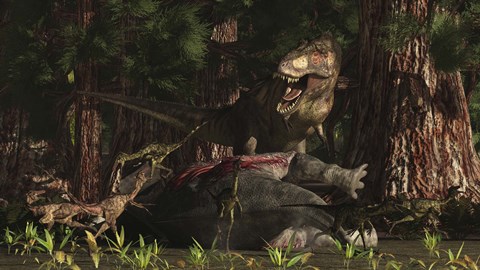 Framed T-Rex returns to his kill and finds some poaching raptors Print