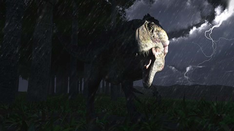 Framed Acrocanthosaurus dinosaur on a stormy night Print