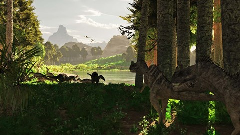 Framed Ceratosaurus dinosaurs stalk a herd of Camptosaurus eating plants Print