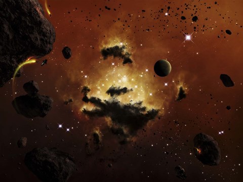 Framed nebula evaporates in the far distance of an asteroid field Print