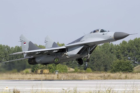 Framed Serbian Air Force MiG-29 departing from Graf Ignatievo Air Base Print
