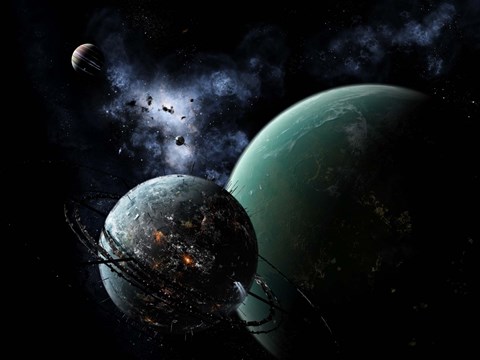 Framed massive space station orbits a large habitable moon Print