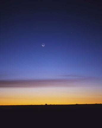 Framed Pre-dawn sky with waning crescent moon, Jupiter at top, and Mercury at lower center Print