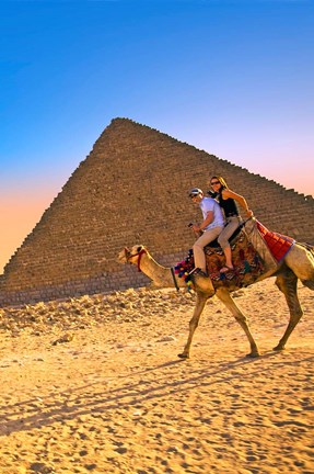 Framed Camel ride, Great Pyramids, Cairo, Giza Plateau, Egypt Print