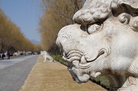 Framed Carved statues of lion creature, Changling Sacred Way, Beijing, China Print