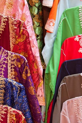 Framed Caftan Textiles, Fes Medina, Morocco Print