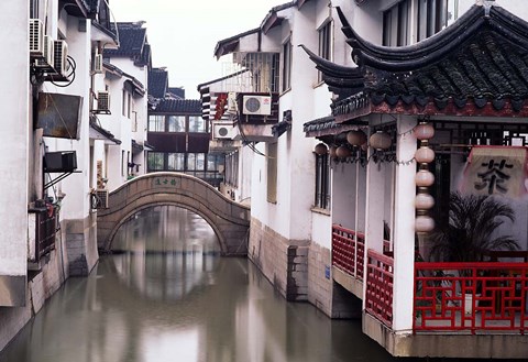 Framed Canal Seperates White Ming Buildings, Suzhoul, Jiangsu, China Print